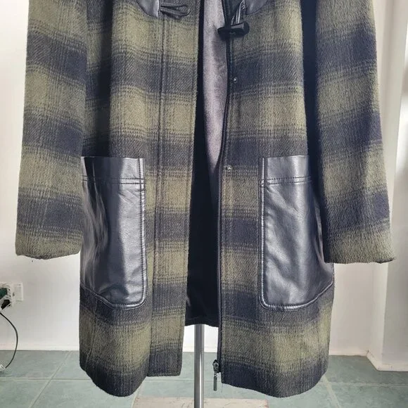 LAST CALL -Weatherproof Green Plaid Vegan Leather Mid Length Coat (Size: L) - Picture 4 of 16